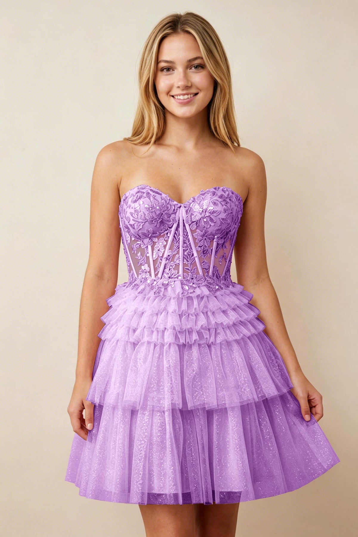 Strapless Misty Rose Lace Illusion Corset Glitter Tulle Homecoming Dresses