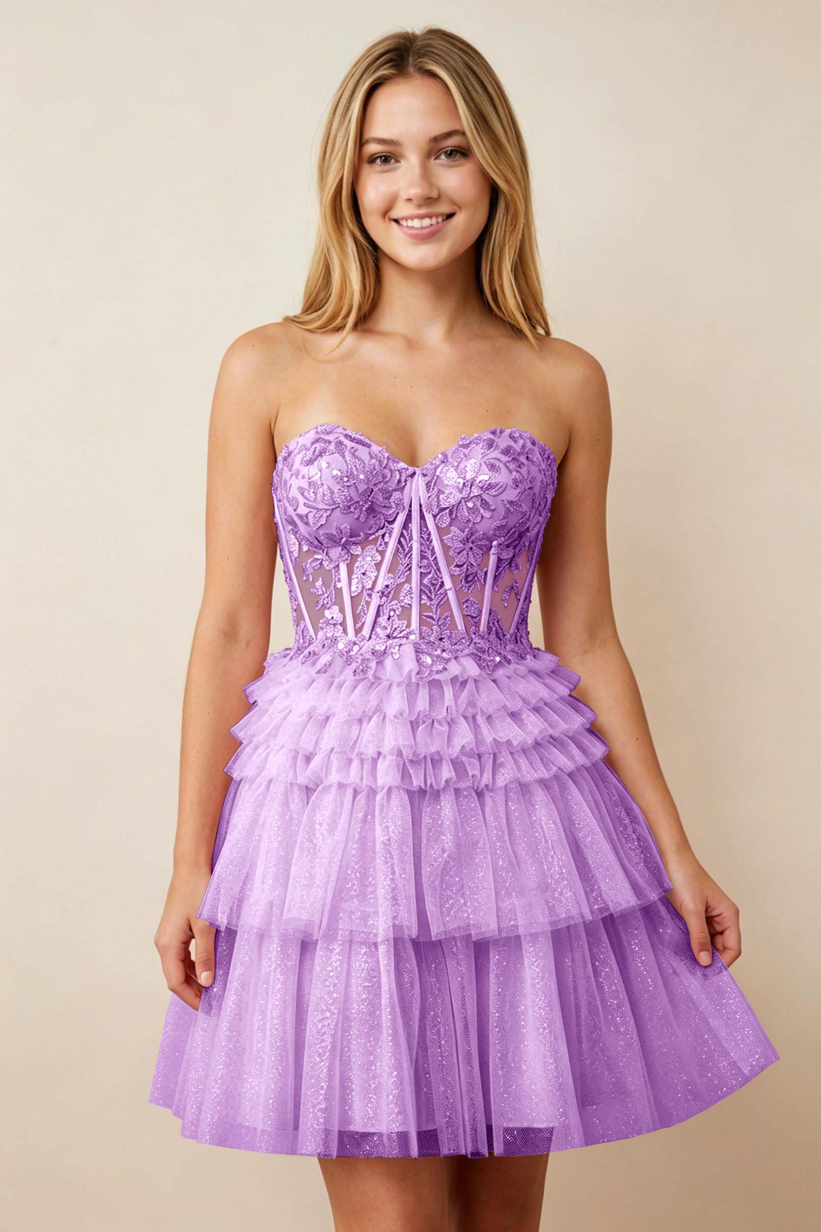 Strapless Misty Rose Lace Illusion Corset Glitter Tulle Homecoming Dresses