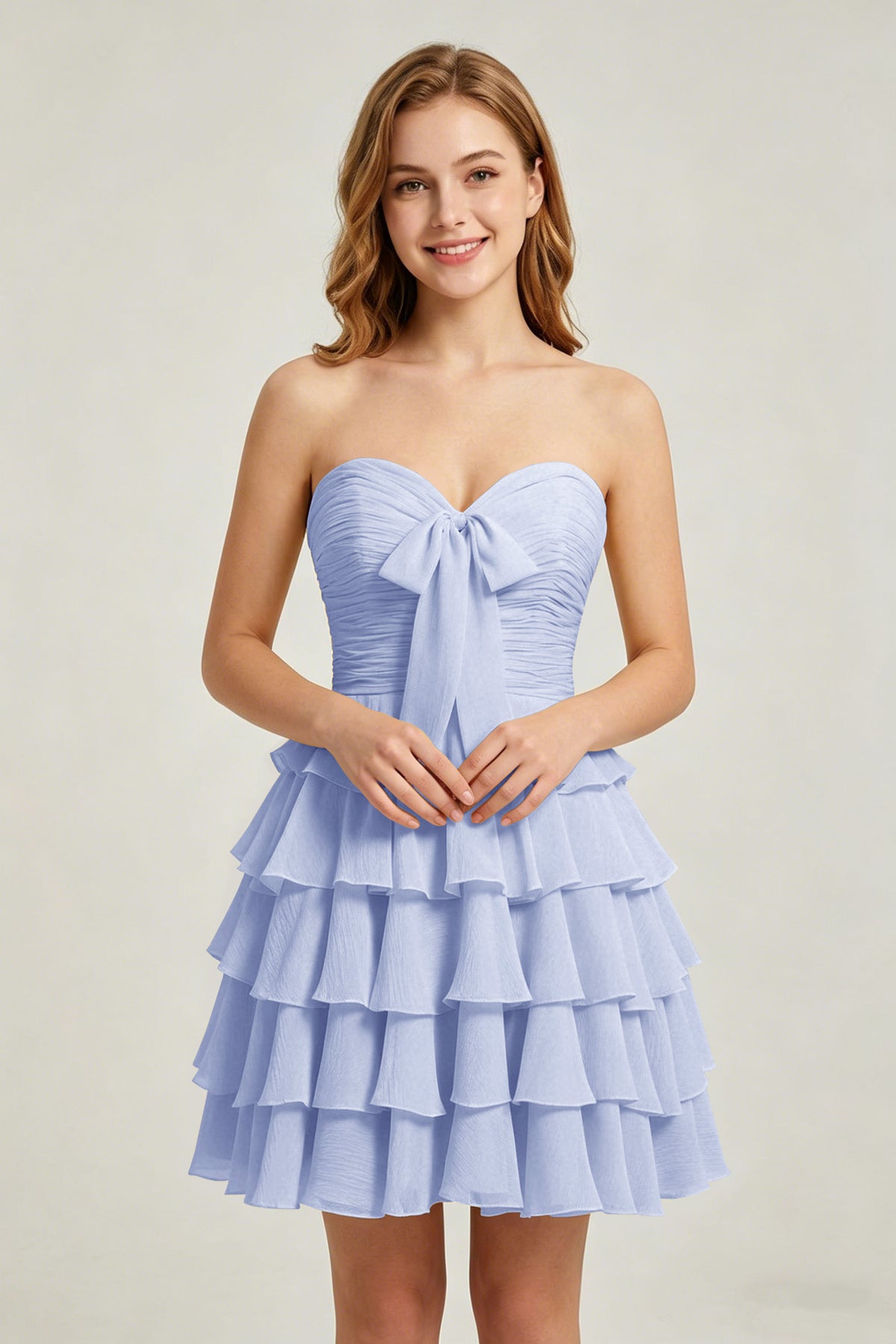 Strapless Yellow Chiffon Tiered Short Homecoming Dresses with Bow