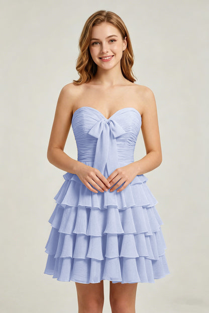 Strapless Yellow Chiffon Tiered Short Homecoming Dresses with Bow