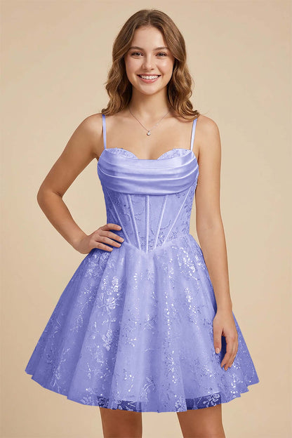 White Cowl Neck Sequin Satin Corset Homecoming Dresses