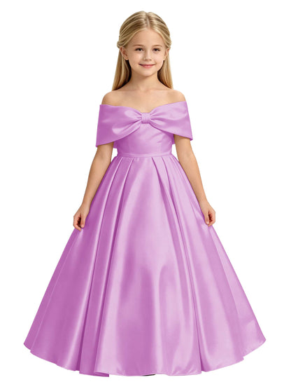 Off-the-Shoulder Satin Ball Gown Flower Girl Dress with Big Back Bow