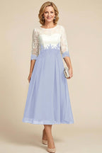 Navy Blue 3/4 Sleeve Two-Tone Lace Chiffon Mother Dresses