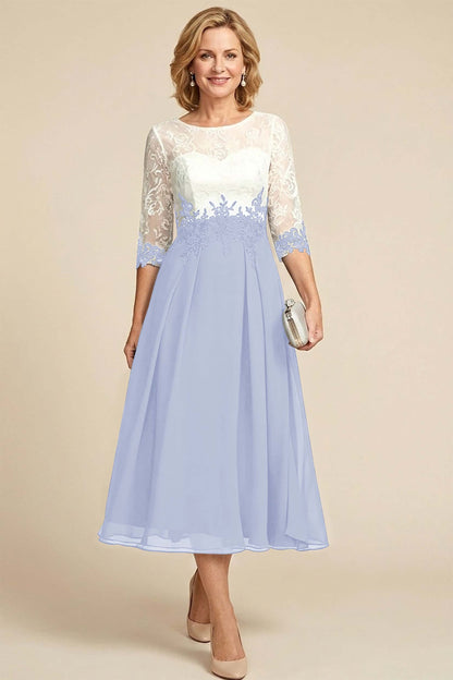 Navy Blue 3/4 Sleeve Two-Tone Lace Chiffon Mother Dresses