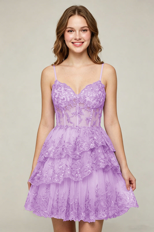 Lavender Sequin Layered Tiered Short Tulle Homecoming Dresses