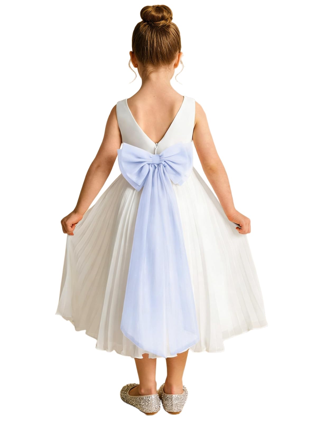 Elegant A-Line Pleated Chiffon Flower Girl Dress with Big Bow Sash