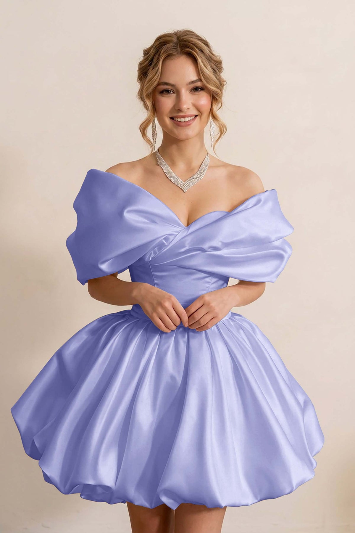 Ivory Off-the-Shoulder Bubble Hem Satin Homecoming Dresses