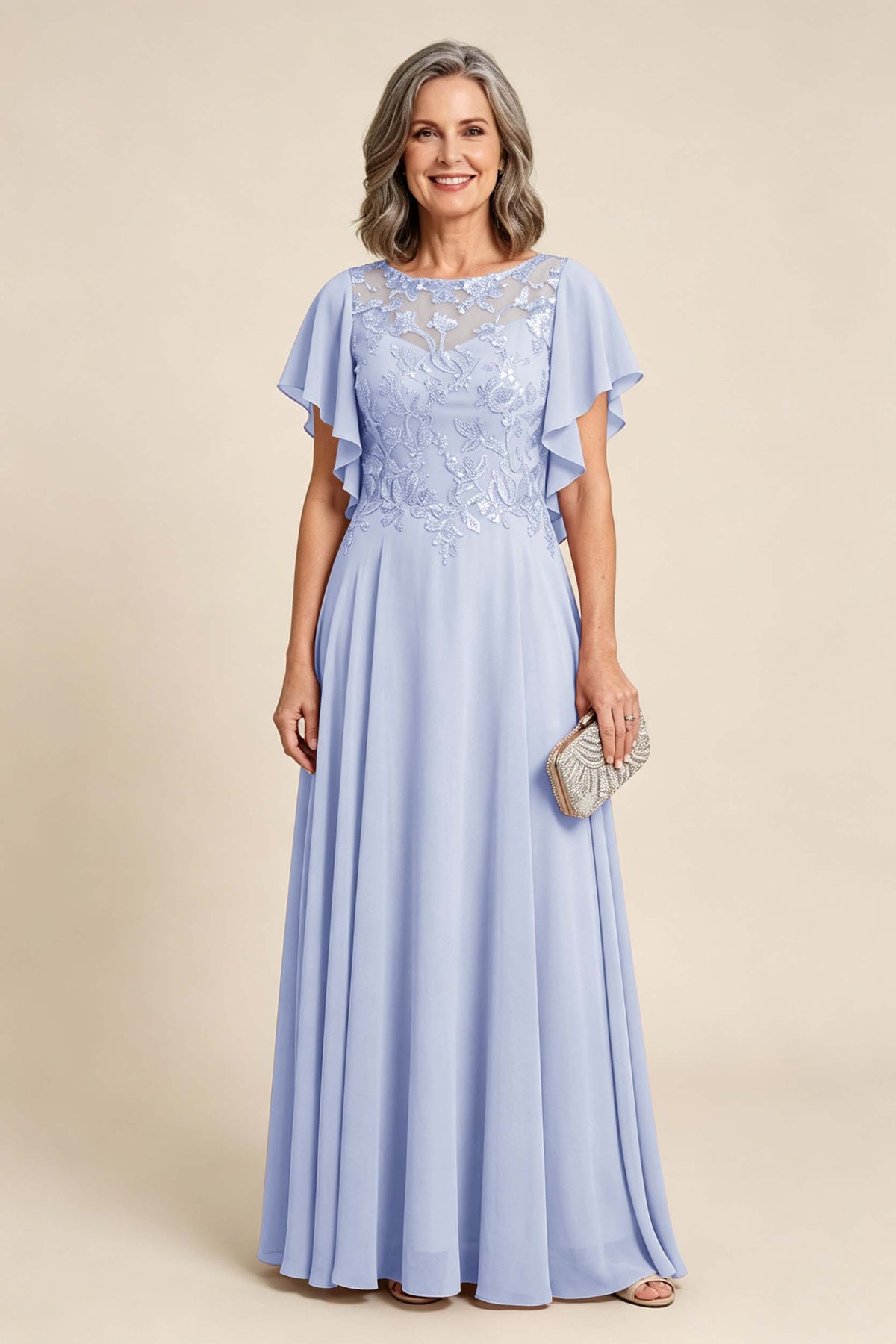 Lilac Scoop Neck Flutter Sleeve Lace Appliques Chiffon Mother Dresses