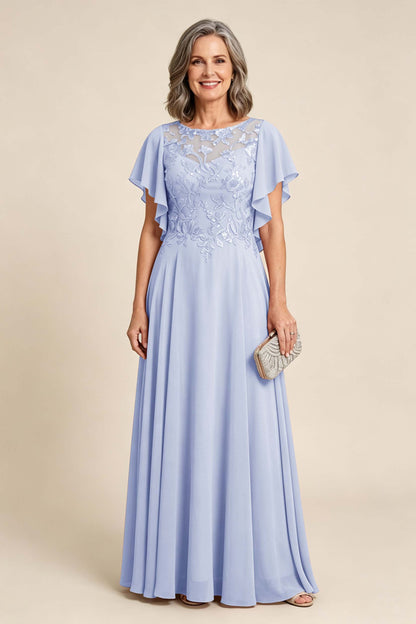 Lilac Scoop Neck Flutter Sleeve Lace Appliques Chiffon Mother Dresses