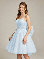 A-Line Light Cyan Sweetheart Tulle Homecoming Dresses with Lace Appliques