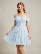 Cold Shoulder Lilac Tulle Dresses with Corset Bodice and Lace Appliques