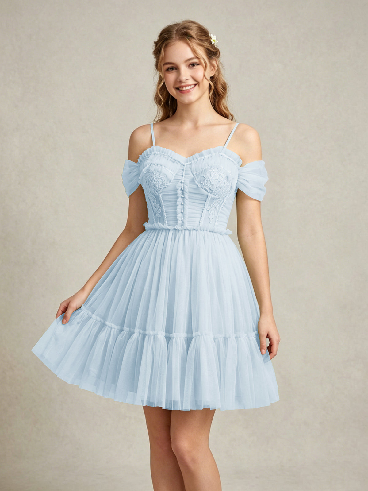 Cold Shoulder Lilac Tulle Dresses with Corset Bodice and Lace Appliques