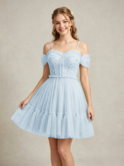 Cold Shoulder Lilac Tulle Dresses with Corset Bodice and Lace Appliques