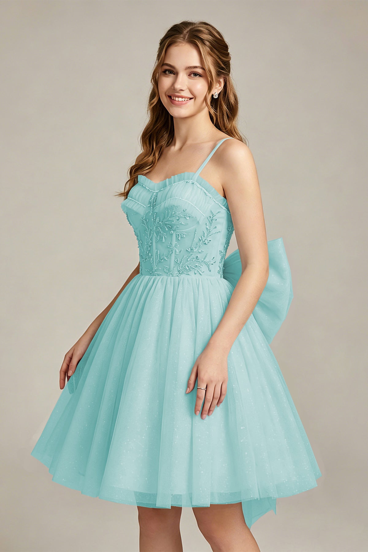 A-Line Light Cyan Sweetheart Tulle Homecoming Dresses with Lace Appliques