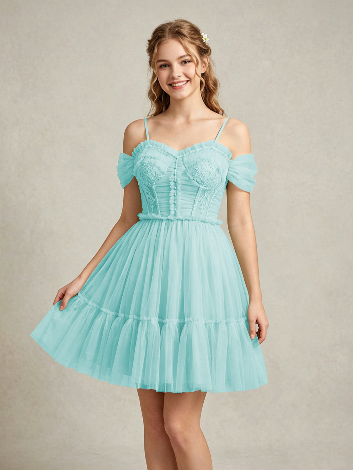 Cold Shoulder Lilac Tulle Dresses with Corset Bodice and Lace Appliques