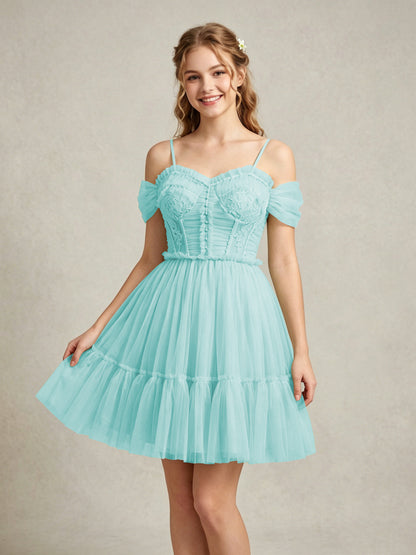 Cold Shoulder Lilac Tulle Dresses with Corset Bodice and Lace Appliques