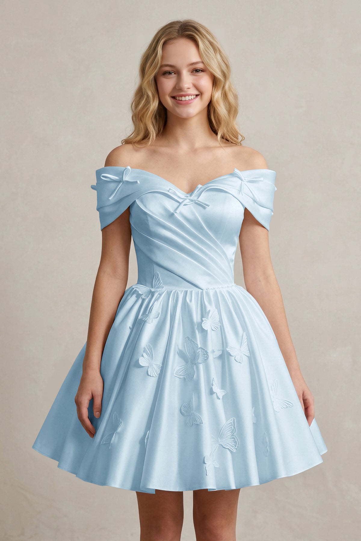 A Line Off Shoulder Ivory Satin Short Homecoming Dresses