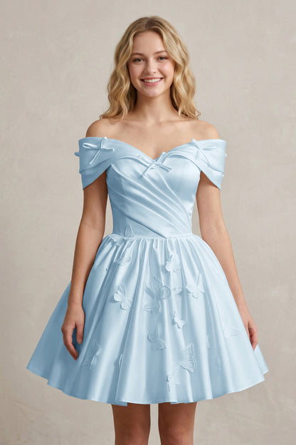 A Line Off Shoulder Ivory Satin Short Homecoming Dresses