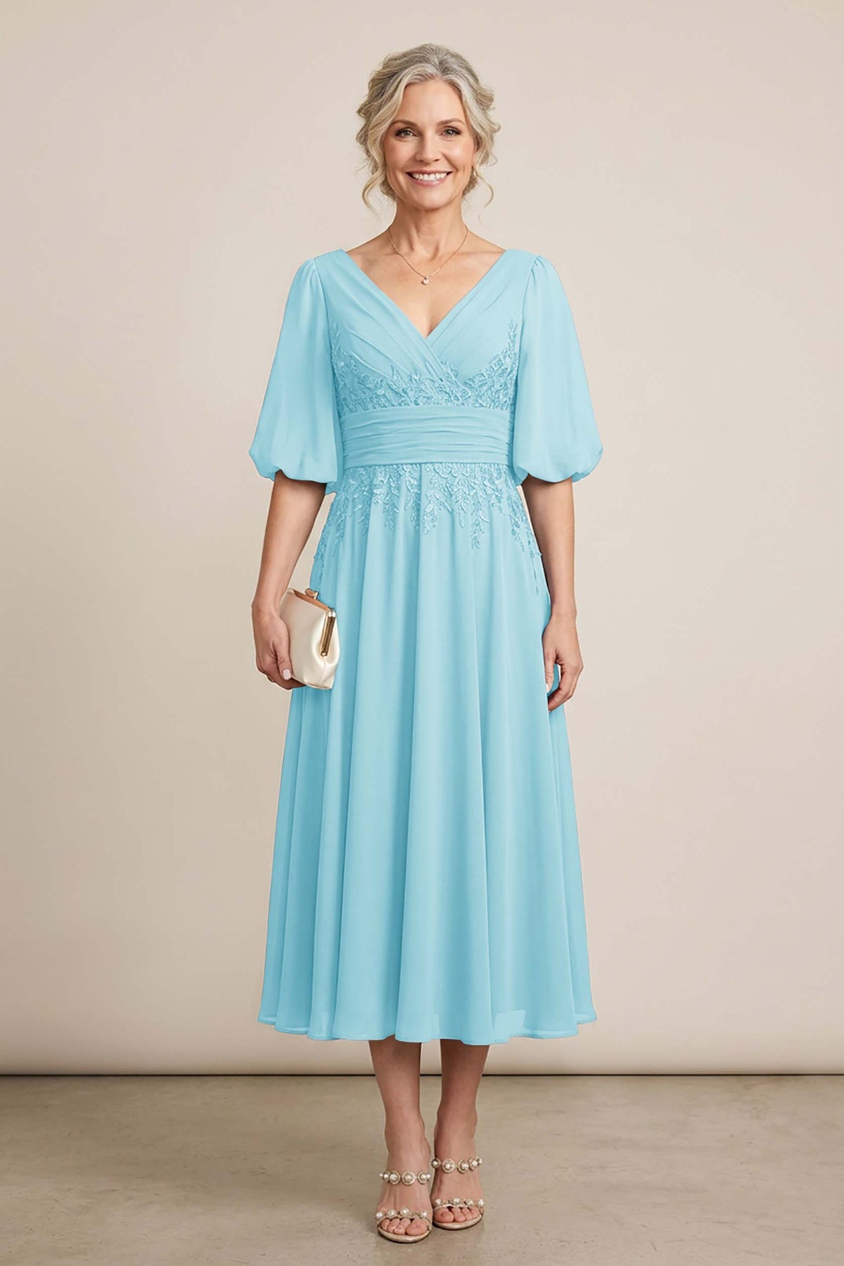 Dusty Blue V-Neck Lace Chiffon Tea-Length Mother Dresses