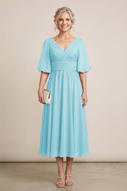 Dusty Blue V-Neck Lace Chiffon Tea-Length Mother Dresses