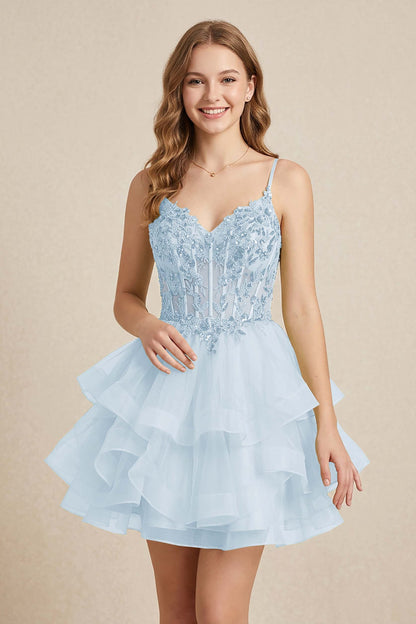 Mint Green Sequin Corset Tiered Tulle Mini Homecoming Dresses