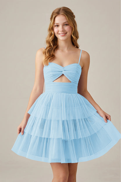 Olive Green Sleeveless Pleated Tulle Cutout Tiered Homecoming Dresses