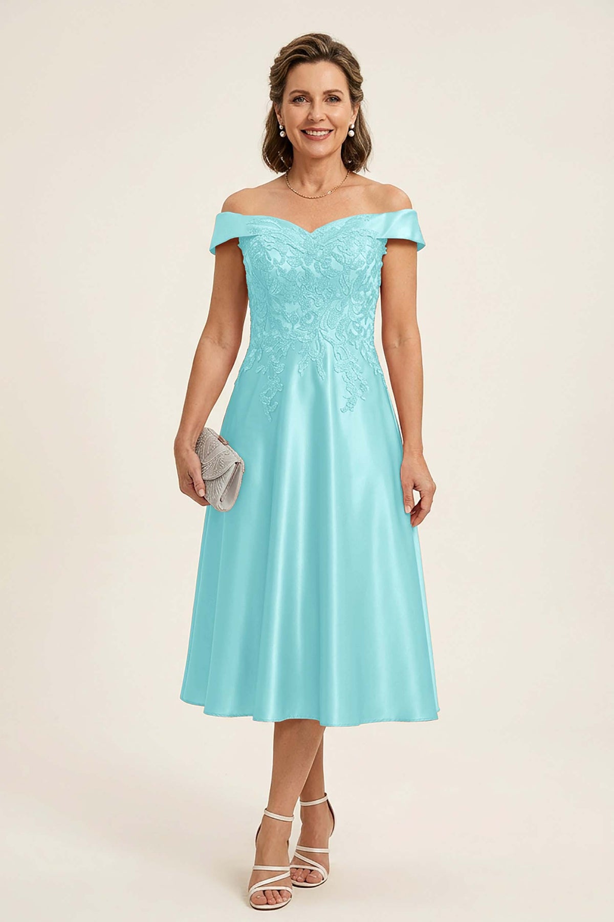 Peach Pink Off Shoulder Imitation Stretch Satin Tea-Length Mother Dresses