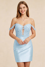 Light Pink Lace Illusion Corset Stretch Satin Mini Homecoming Dresses