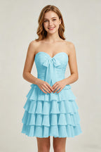 Strapless Yellow Chiffon Tiered Short Homecoming Dresses with Bow