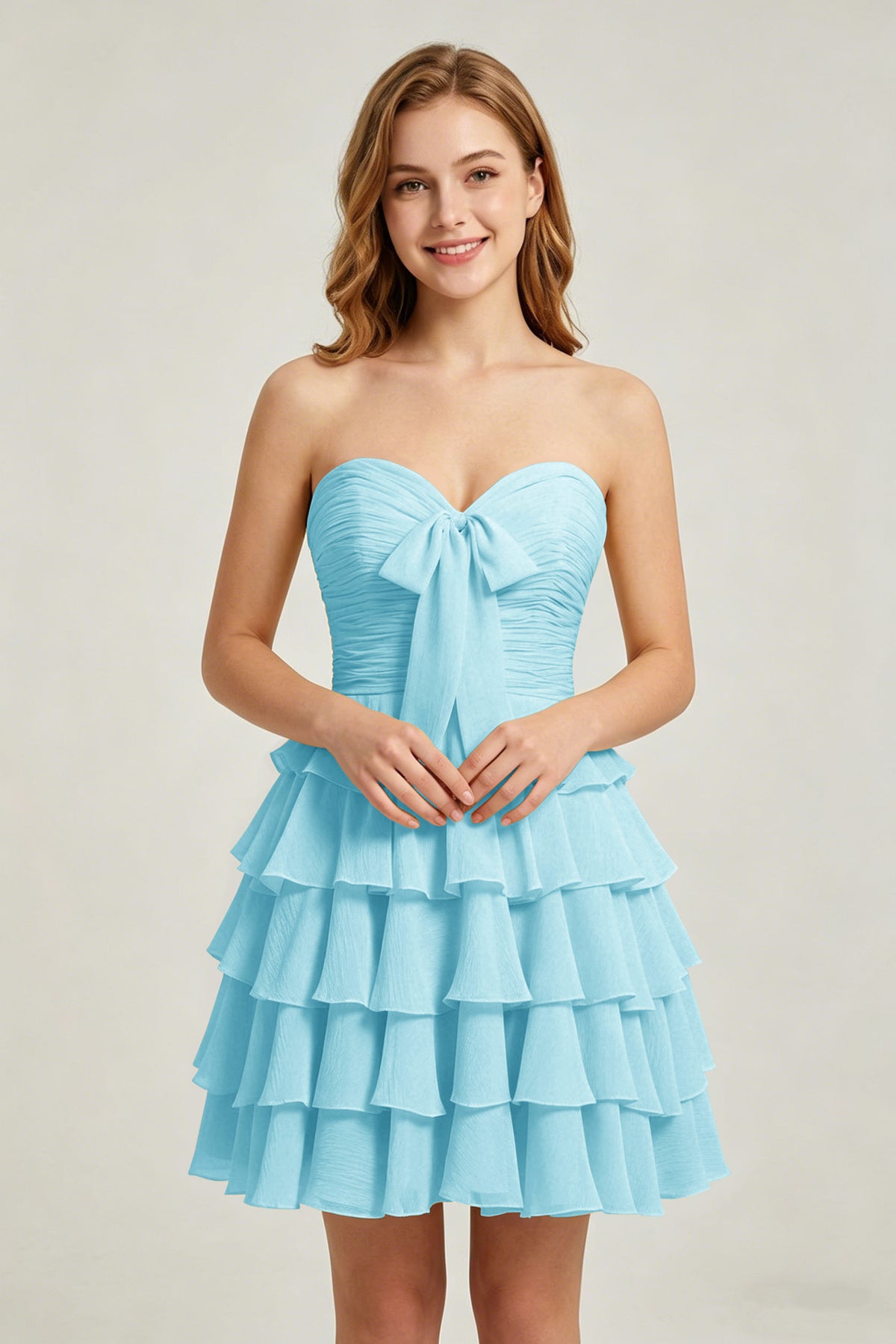 Strapless Yellow Chiffon Tiered Short Homecoming Dresses with Bow