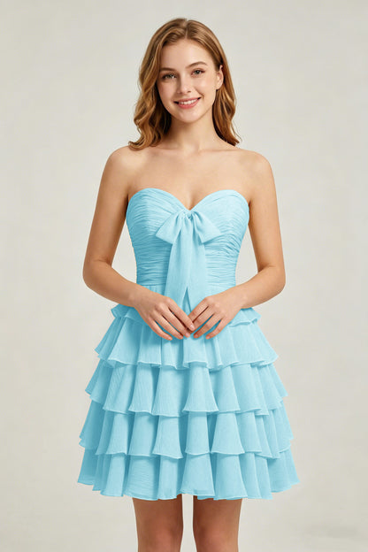 Strapless Yellow Chiffon Tiered Short Homecoming Dresses with Bow