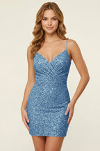 V-Neck Sky Blue Sequin Bodycon Homecoming Dresses