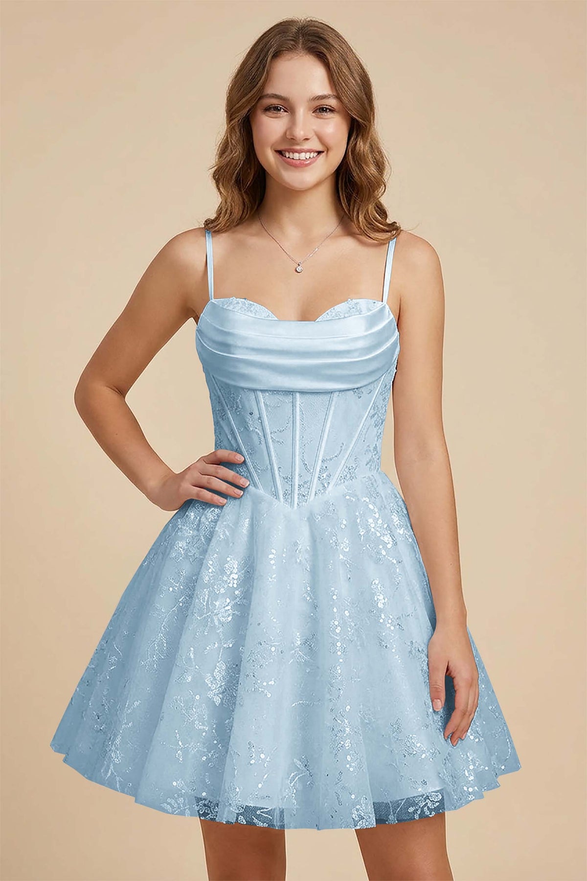 White Cowl Neck Sequin Satin Corset Homecoming Dresses