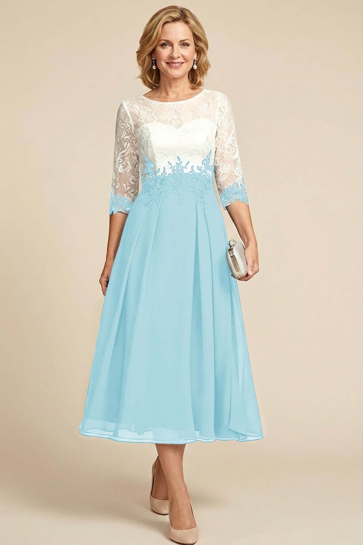 Navy Blue 3/4 Sleeve Two-Tone Lace Chiffon Mother Dresses