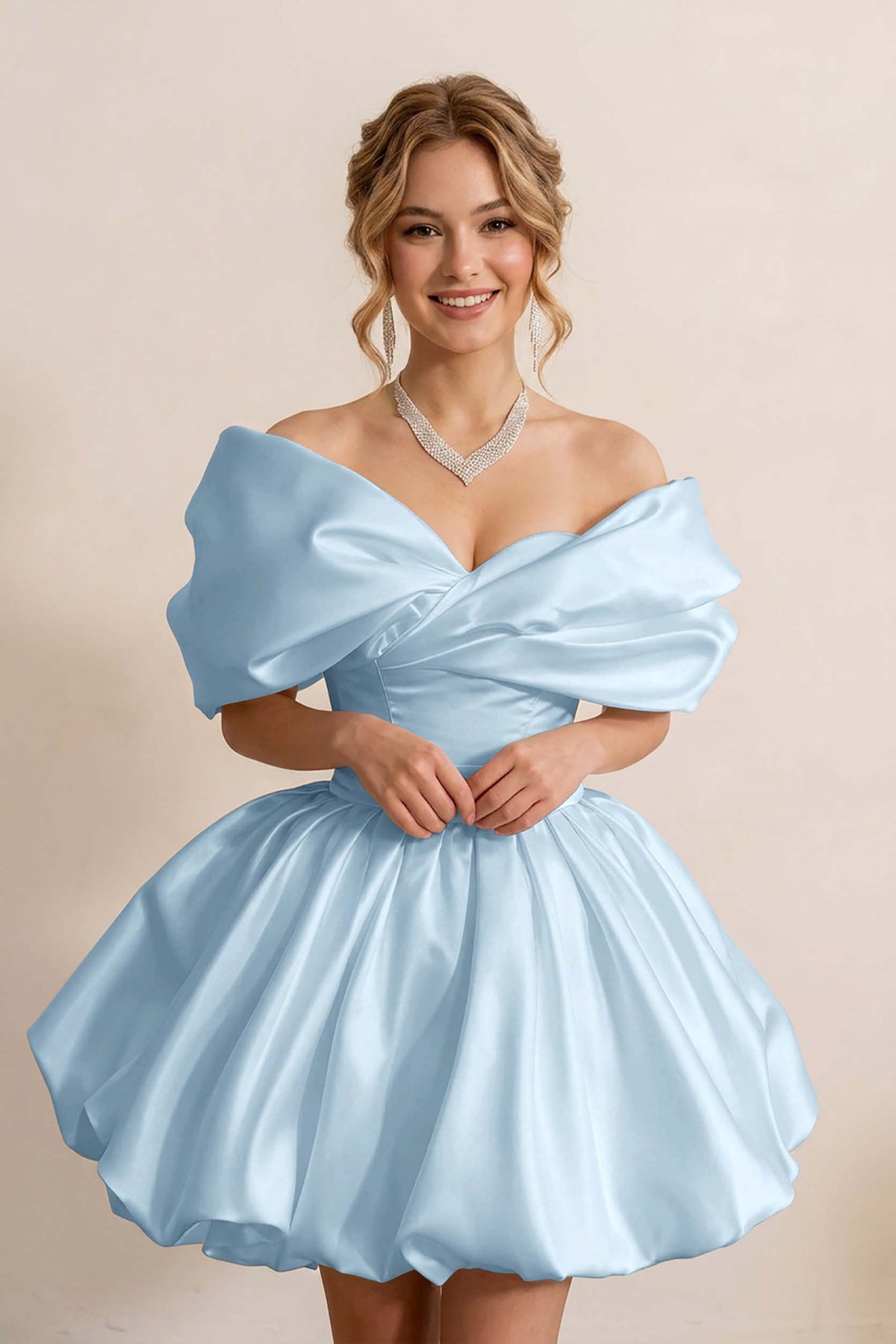 Ivory Off-the-Shoulder Bubble Hem Satin Homecoming Dresses