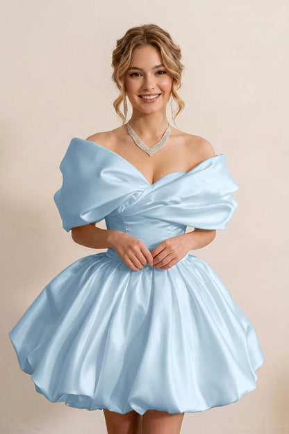 Ivory Off-the-Shoulder Bubble Hem Satin Homecoming Dresses