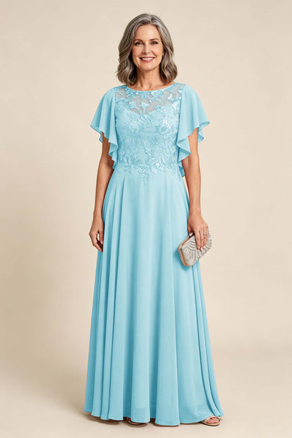 Lilac Scoop Neck Flutter Sleeve Lace Appliques Chiffon Mother Dresses
