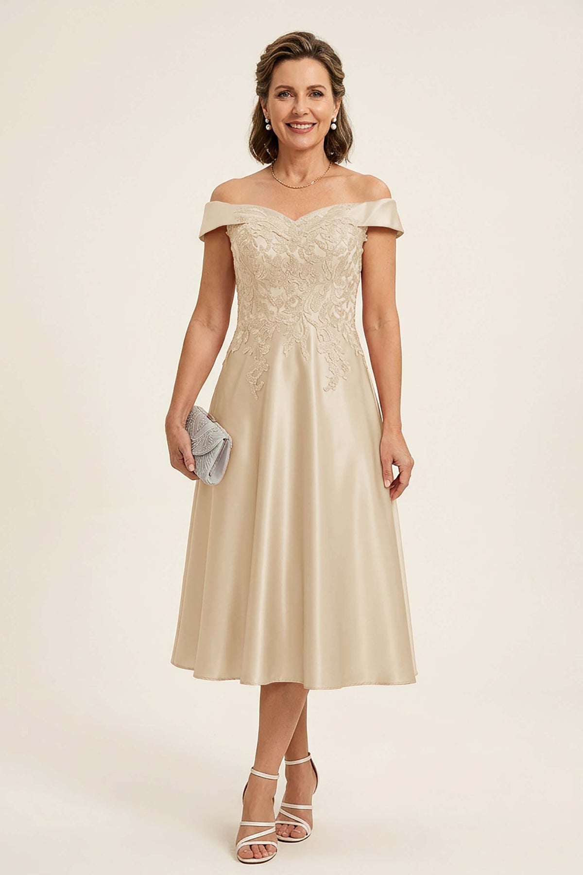 Peach Pink Off Shoulder Imitation Stretch Satin Tea-Length Mother Dresses