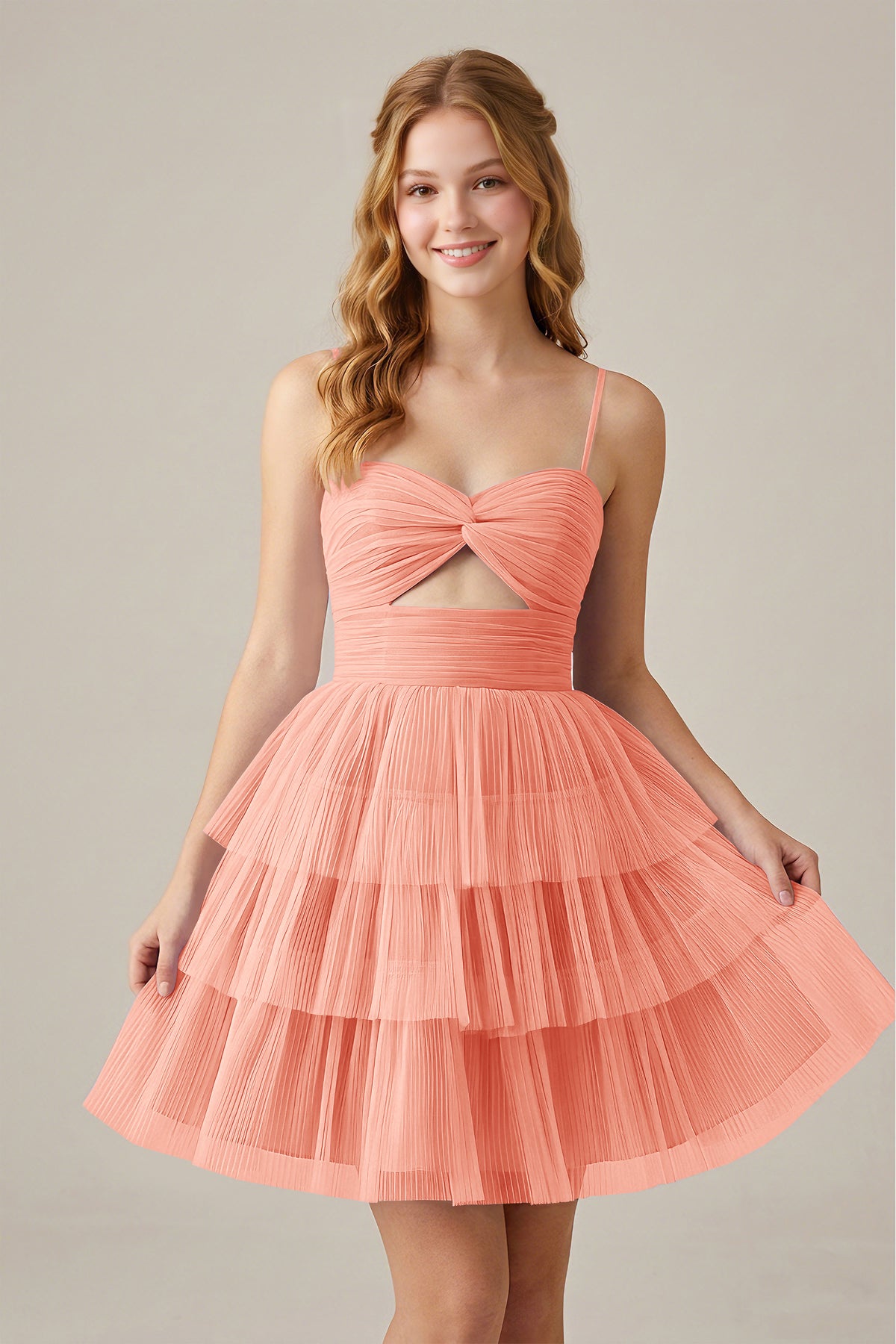 Olive Green Sleeveless Pleated Tulle Cutout Tiered Homecoming Dresses