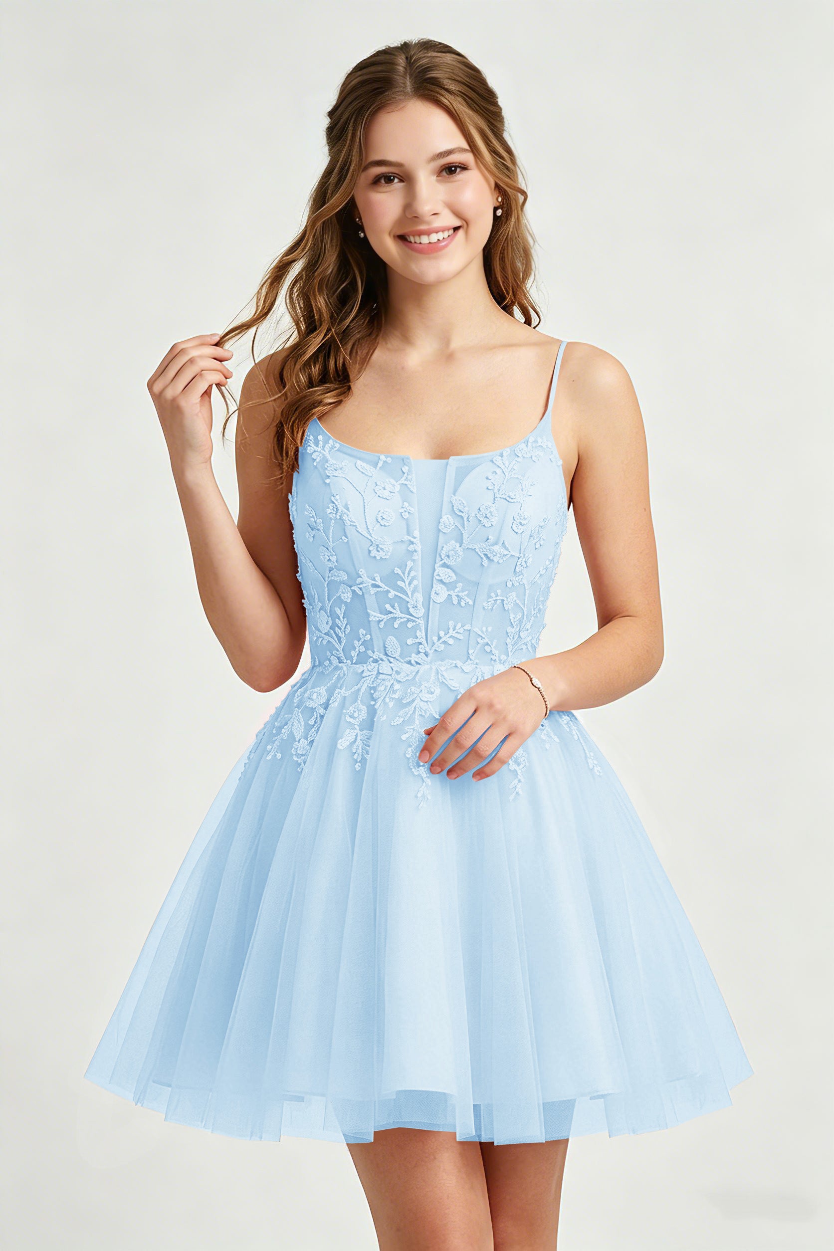 A Line Spaghetti Straps Pink Tulle Homecoming Dresses With Sequins