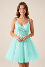 Blush Pink Sequin Corset Sleeveless Short Tulle Homecoming Dresses