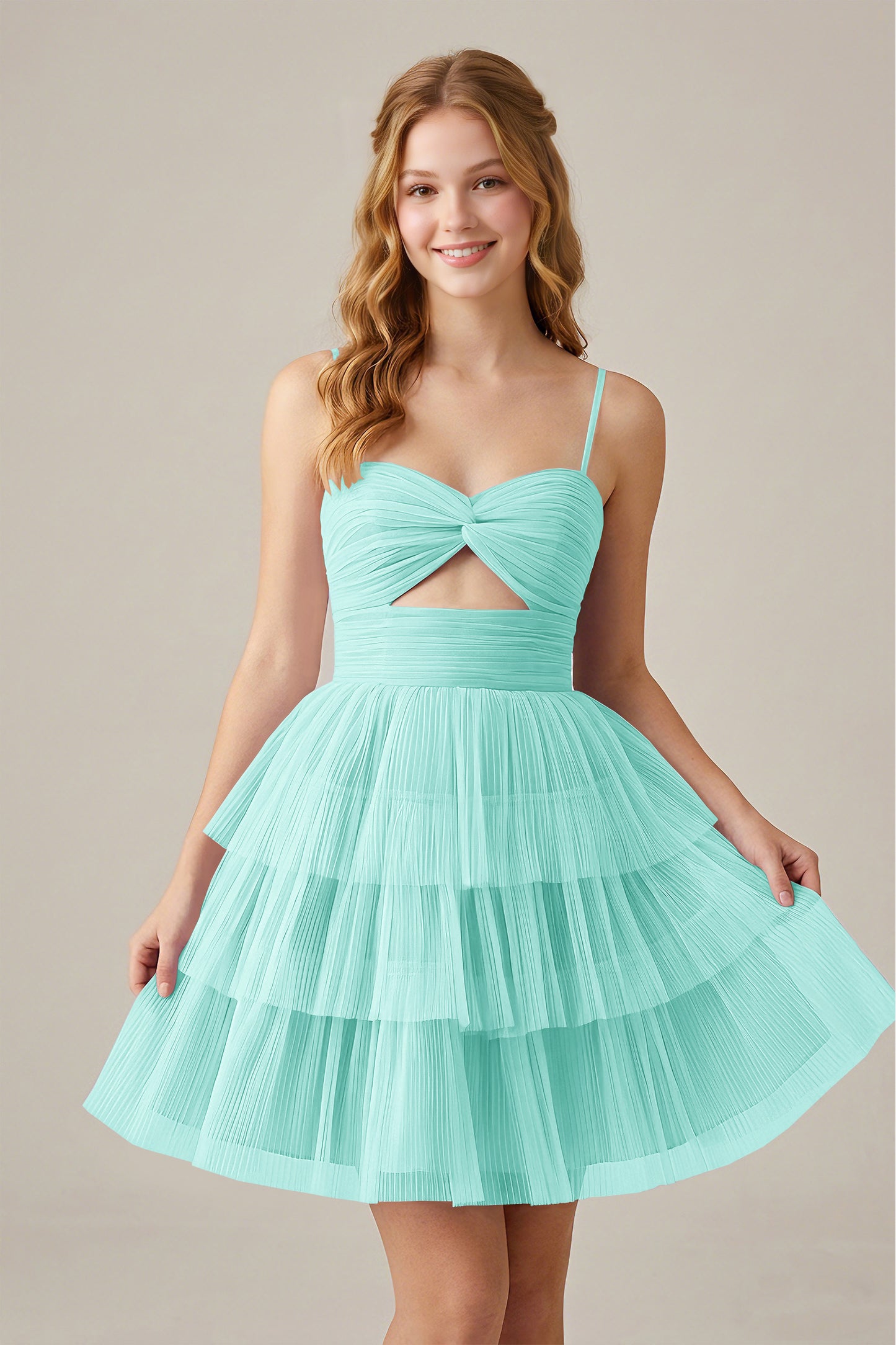 Olive Green Sleeveless Pleated Tulle Cutout Tiered Homecoming Dresses