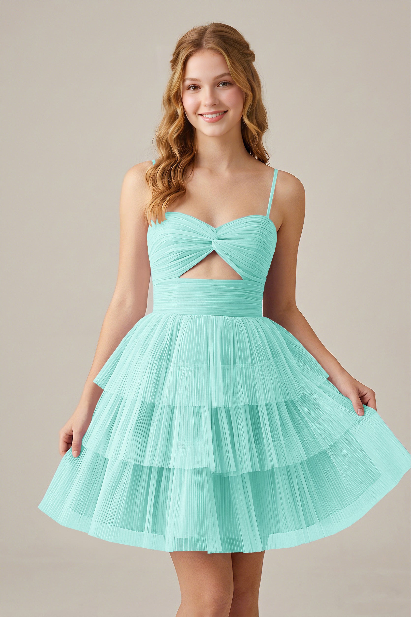 Olive Green Sleeveless Pleated Tulle Cutout Tiered Homecoming Dresses