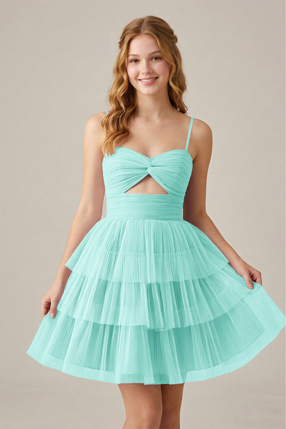 Olive Green Sleeveless Pleated Tulle Cutout Tiered Homecoming Dresses