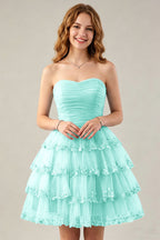 Strapless Light Blue Tulle Tiered Homecoming Dresses with Beaded Lace Trim