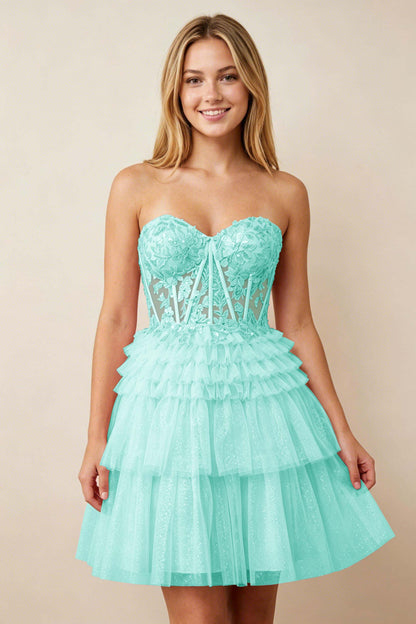 Strapless Misty Rose Lace Illusion Corset Glitter Tulle Homecoming Dresses