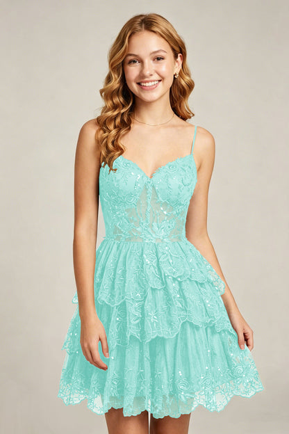 Sweetheart V-Neck Black Lace appliques Homecoming Dresses with Sequins