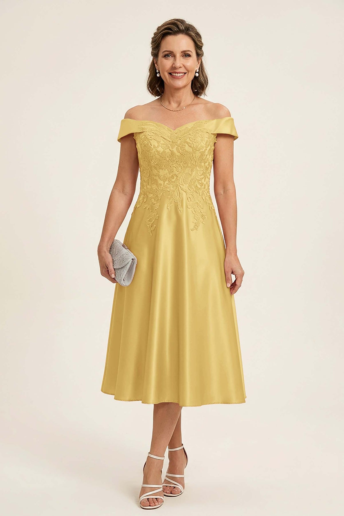 Peach Pink Off Shoulder Imitation Stretch Satin Tea-Length Mother Dresses