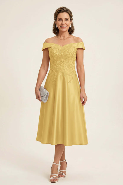 Peach Pink Off Shoulder Imitation Stretch Satin Tea-Length Mother Dresses