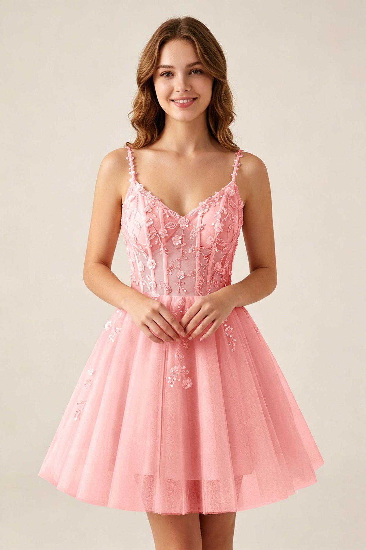 Blush Pink Sequin Corset Sleeveless Short Tulle Homecoming Dresses